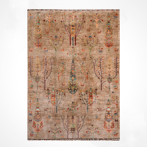 Hayat Ağacı Orijinal El Dokuması Bej Kök Boya Yün Halı 212x292 6.19 Metrekare - 7x10 ft