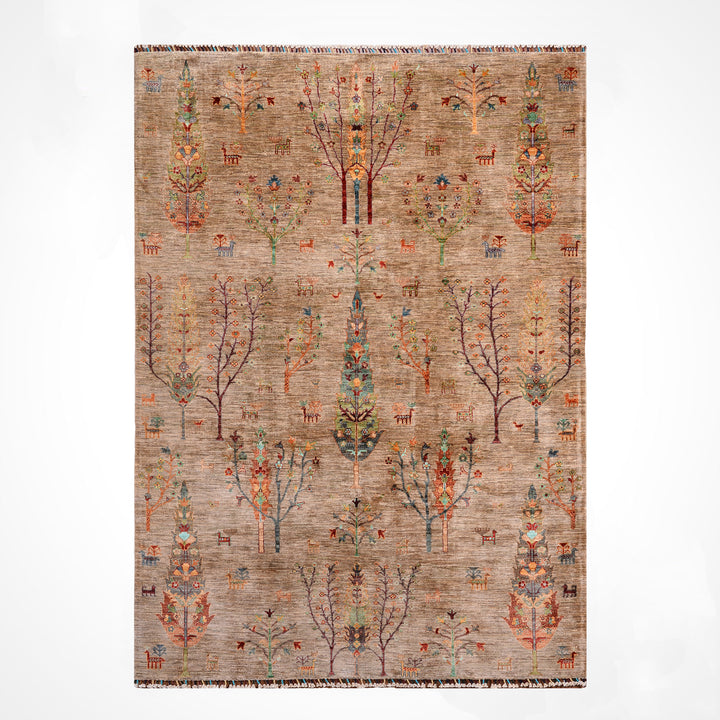 Hayat Ağacı Orijinal El Dokuması Bej Kök Boya Yün Halı 212x292 6.19 Metrekare - 7x10 ft