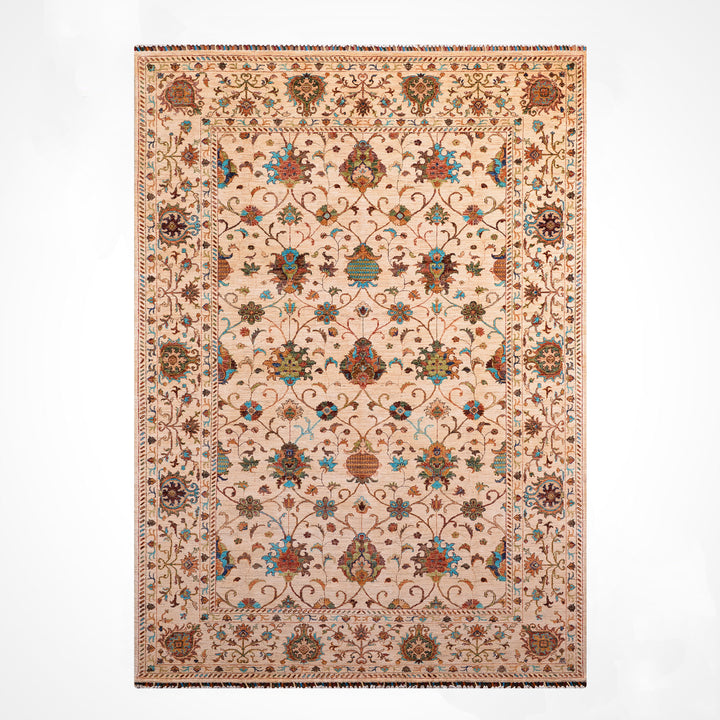 Sultani Binbirgece Orijinal El Dokuması Bej Kök Boya Yün Halı 210x311 6.53 Metrekare - 7x10 ft