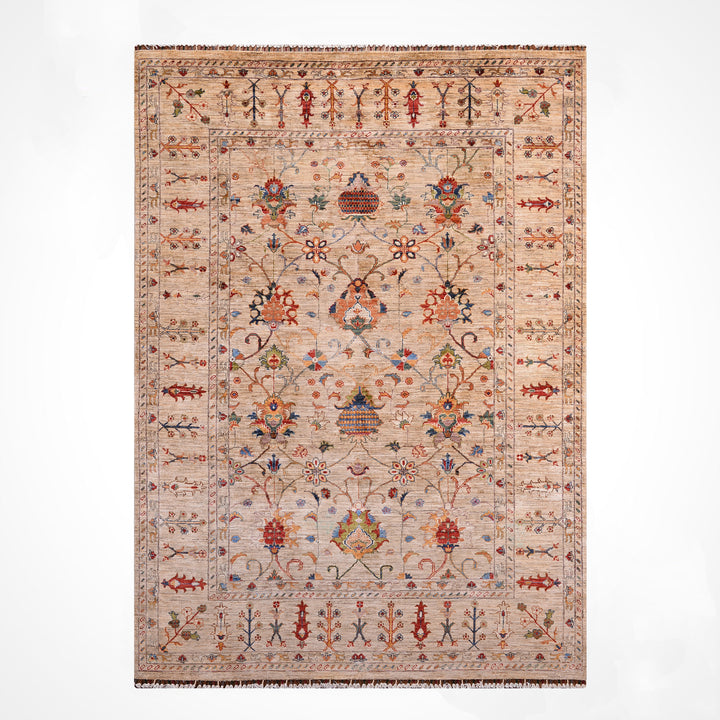 Sultani Binbirgece Orijinal El Dokuması Bej Kök Boya Yün Halı 199x287 5.71 Metrekare - 7x10 ft