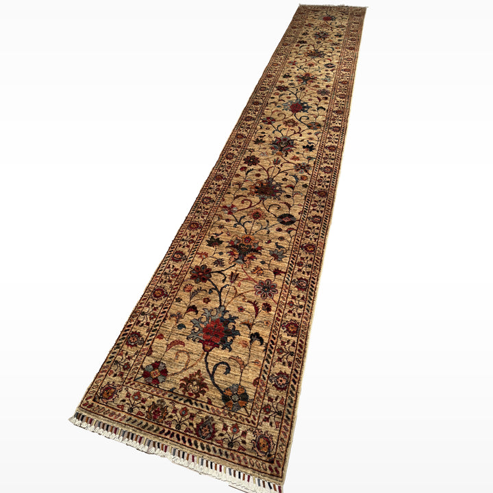 Sultani Binbirgece Uzun Yolluk Orijinal El Dokuması Bej Kök Boya Yün Halı 0.78x485 3.78 Metrekare - 3x13 ft
