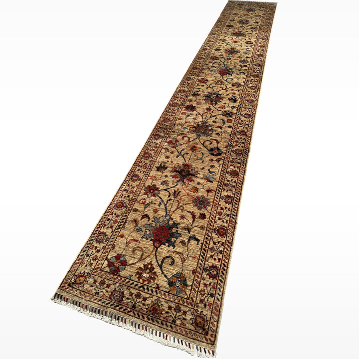 Sultani Binbirgece Uzun Yolluk Orijinal El Dokuması Bej Kök Boya Yün Halı 0.78x486 3.79 Metrekare - 3x13 ft