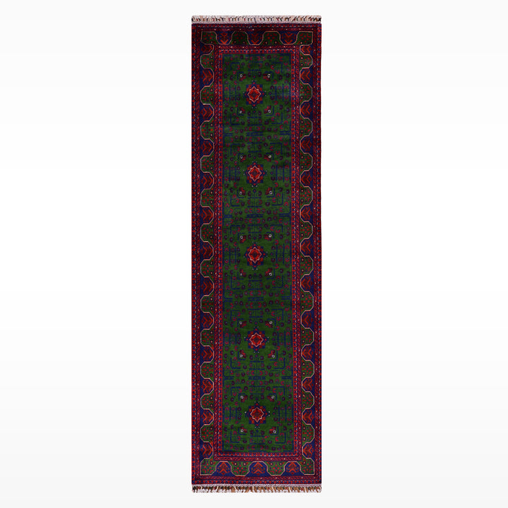 Afgan Halısı Yeşil Hamyap Yolluk Orijinal El Dokuması Kök Boya Yün 0.84x297 2.49 Metrekare - 3x10 ft