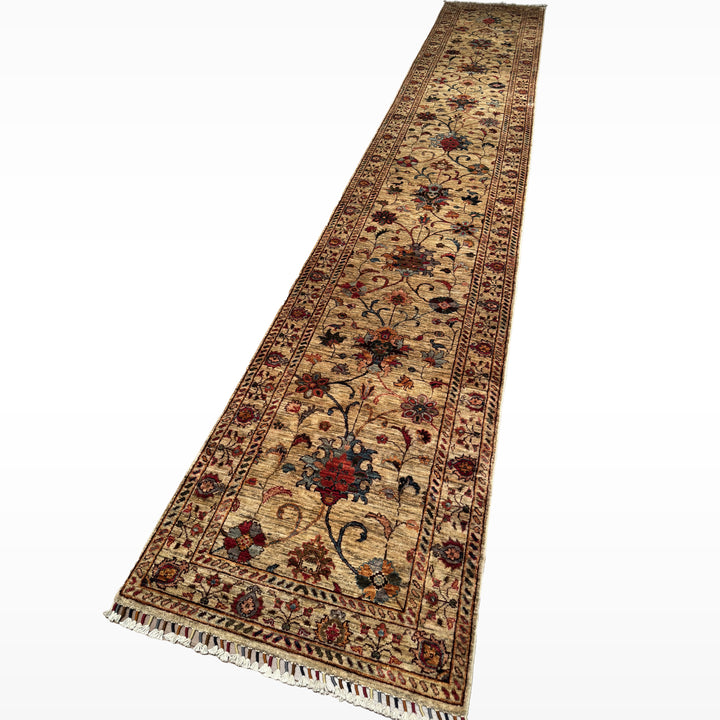 Sultani Binbirgece Uzun Yolluk Orijinal El Dokuması Bej Kök Boya Yün Halı 0.80x485 3.88 Metrekare - 3x13 ft