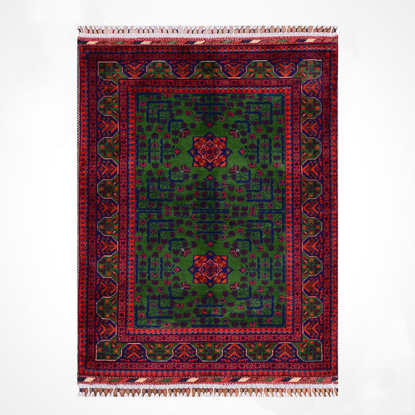 Afgan Halısı Yeşil Hamyap Orijinal El Dokuması Kök Boya Yün 101x148 1.49 Metrekare - 3x5 ft