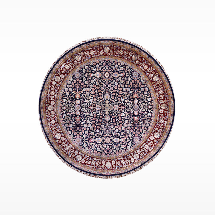 Hereke Yedi Dağın Çiçeği Yuvarlak Orijinal El Dokuması Kırmızı Mavi Yün Halı 183x183 3.35 Metrekare - 6x6 ft