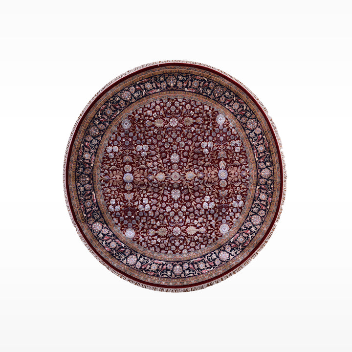 Hereke Yedi Dağın Çiçeği Yuvarlak Orijinal El Dokuması Mavi Kırmızı Yün Halı 185x185 3.42 Metrekare - 6x6 ft5