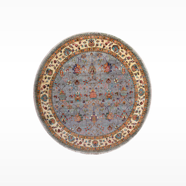 Sultani Binbirgece Yuvarlak Orijinal El Dokuması Gri Kök Boya Yün Halı 240x244 5.86 Metrekare - 8x8 ft