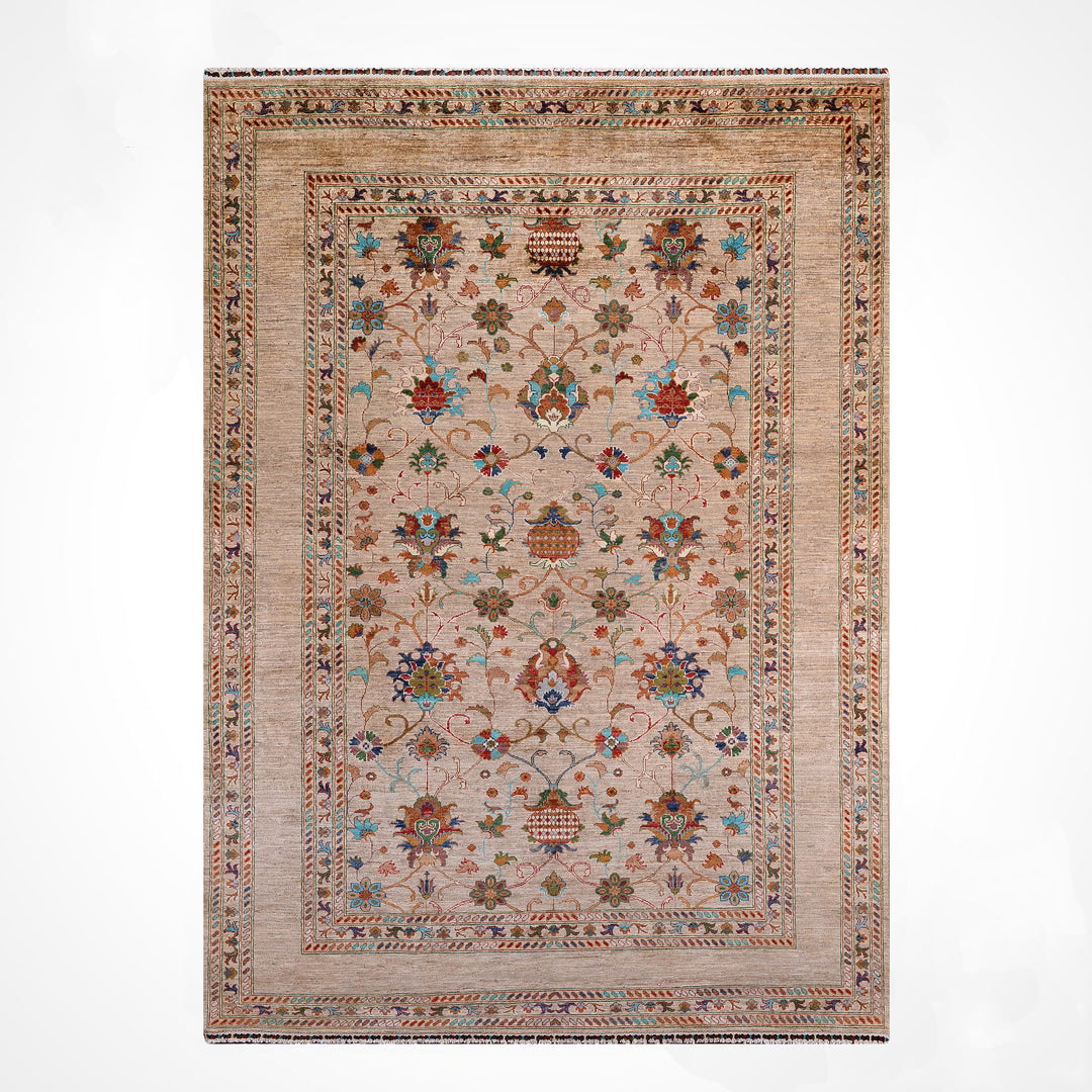 Sultani Binbirgece Orijinal El Dokuması Bej Kök Boya Yün Halı 205x303 6.21 Metrekare - 7x10 ft