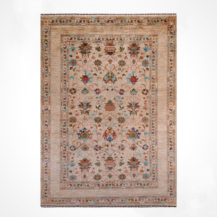 Sultani Binbirgece Orijinal El Dokuması Bej Kök Boya Yün Halı 205x303 6.21 Metrekare - 7x10 ft