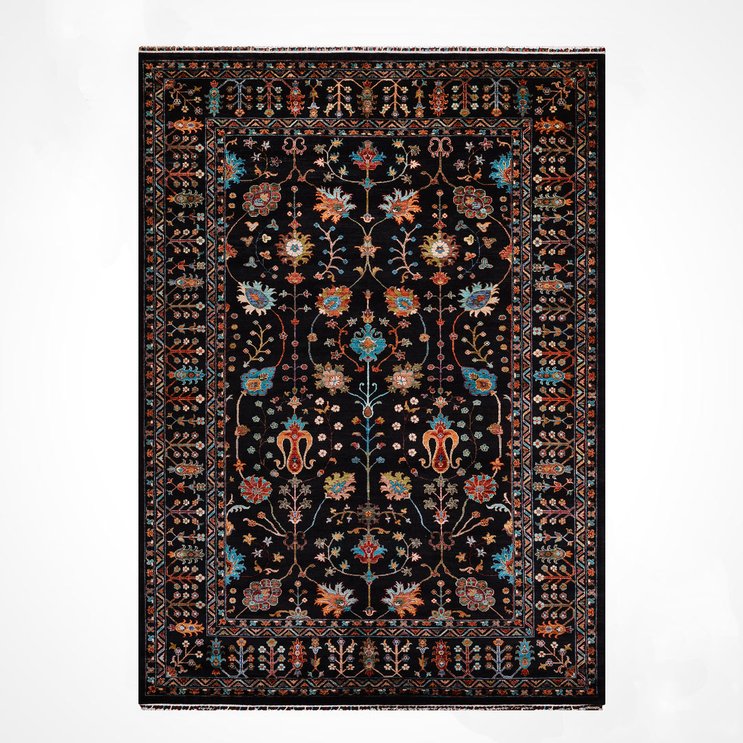 Sultani Çiçekli Orijinal El Dokuması Siyah Kök Boya Yün Halı 211x307 6.48 Metrekare - 7x10 ft