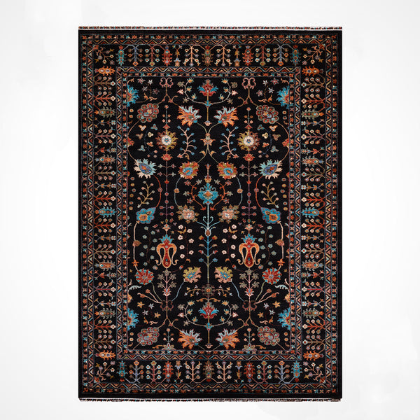 Sultani Çiçekli Orijinal El Dokuması Siyah Kök Boya Yün Halı 211x307 6.48 Metrekare - 7x10 ft
