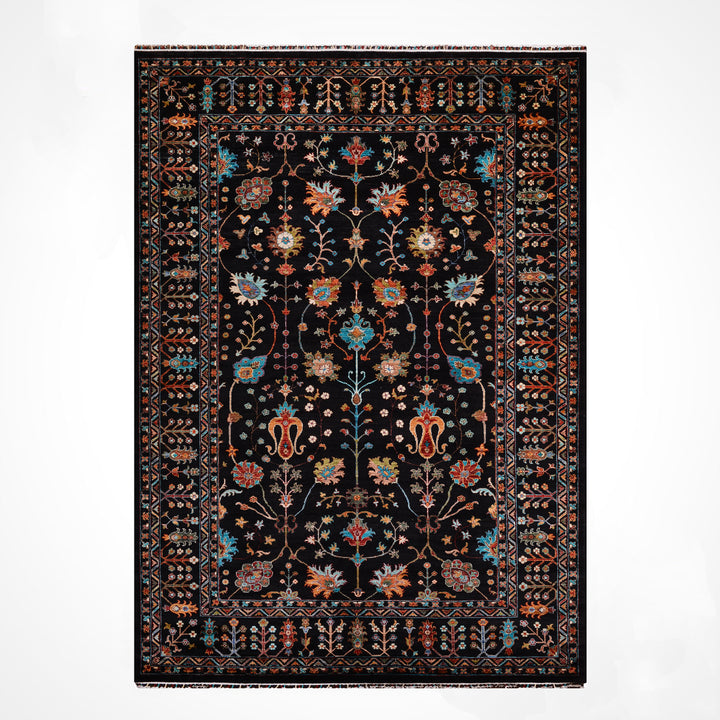 Sultani Çiçekli Orijinal El Dokuması Siyah Kök Boya Yün Halı 211x307 6.48 Metrekare - 7x10 ft
