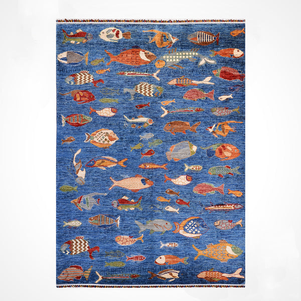 Balık Orijinal El Dokuması Mavi Kök Boya Yün Halı 152x203 3.09 Metrekare - 5x7 ft