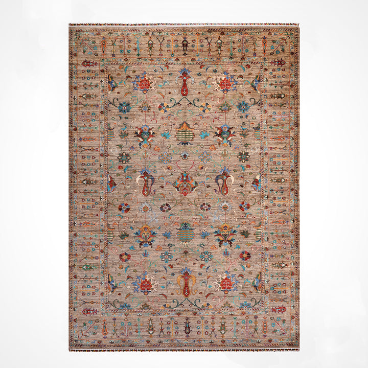 Sultani Binbirgece Orijinal El Dokuması Bej Kök Boya Yün Halı 211x303 6.39 Metrekare - 7x10 ft