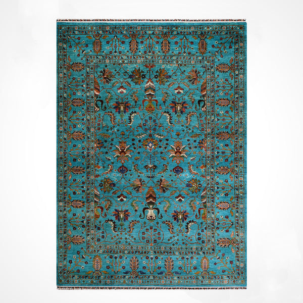 Sultani Binbirgece Orijinal El Dokuması Turkuaz Kök Boya Yün Halı 208x285 5.93 Metrekare - 7x10 ft