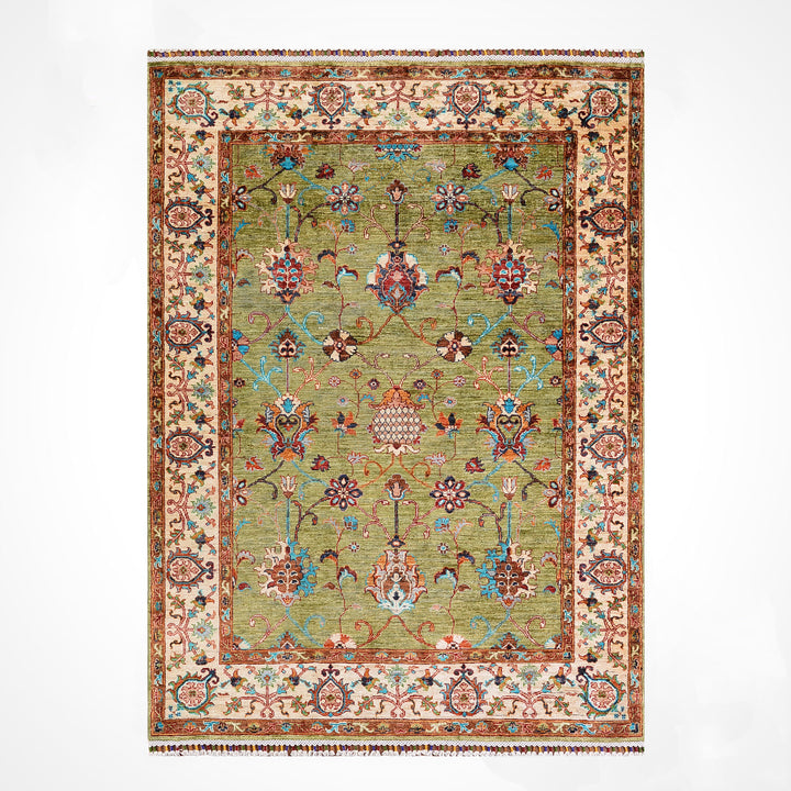Sultani Binbirgece Orijinal El Dokuması Yeşil Kök Boya Yün Halı 148x199 2.95 Metrekare - 5x6 ft