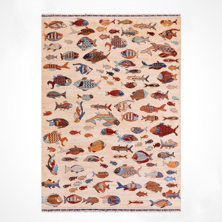 Balık Orijinal El Dokuması Krem Kök Boya Yün Halı 150x207 3.11 Metrekare - 5x7 ft