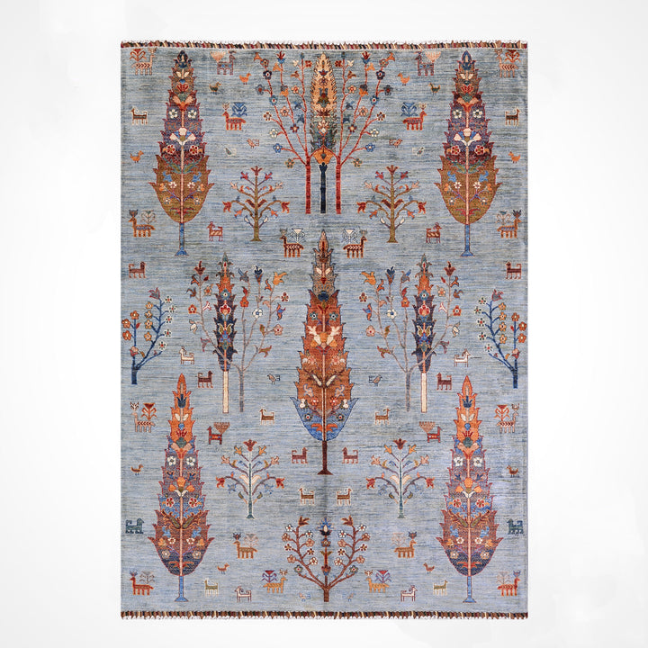 Hayat Ağacı Orijinal El Dokuması Gri Kök Boya Yün Halı 171x241 4.12 Metrekare - 5x8 ft