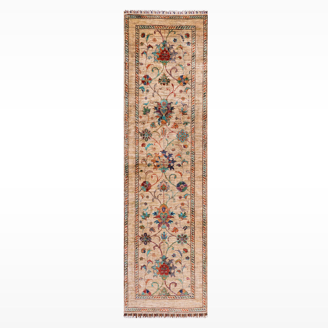 Sultani Binbirgece Yolluk Orijinal El Dokuması Bej Kök Boya Yün Halı 0.84x262 2.20 Metrekare - 3x8 ft