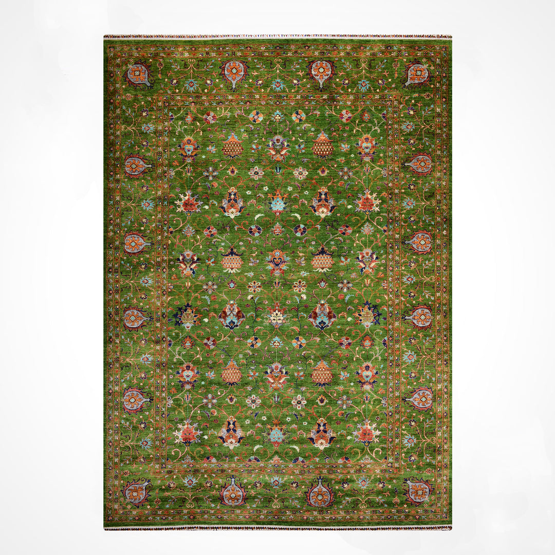 Sultani Binbirgece Orijinal El Dokuması Yeşil Kök Boya Yün Halı 269x366 9.85 Metrekare - 9x12 ft
