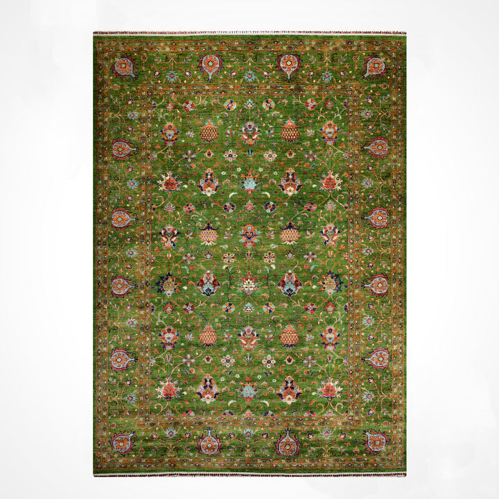 Sultani Binbirgece Orijinal El Dokuması Yeşil Kök Boya Yün Halı 269x366 9.85 Metrekare - 9x12 ft