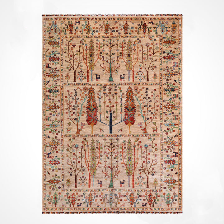 Hayat Ağacı Orijinal El Dokuması Bej Kök Boya Yün Halı 200x304 6.08 Metrekare - 7x10 ft