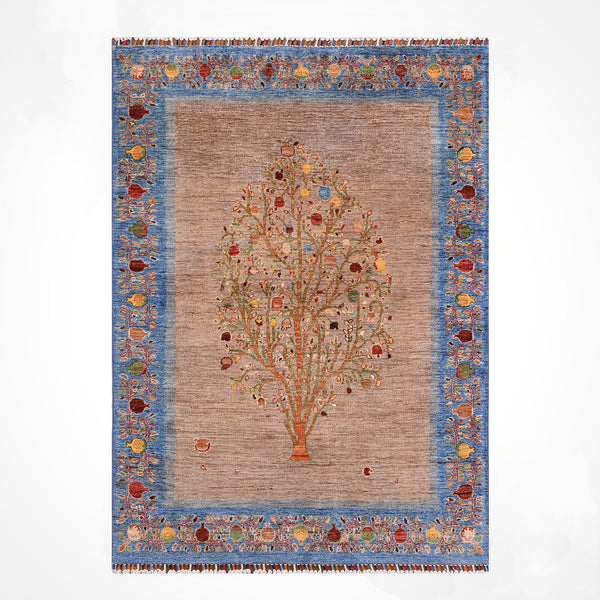 Hayat Ağacı Orijinal El Dokuması Mavi Kök Boya Yün Halı 154x196 3.02 Metrekare - 5x8 ft