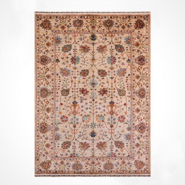 Sultani Çiçekli Orijinal El Dokuması Bej Kök Boya Yün Halı 207x289 5.98 Metrekare - 7x10 ft