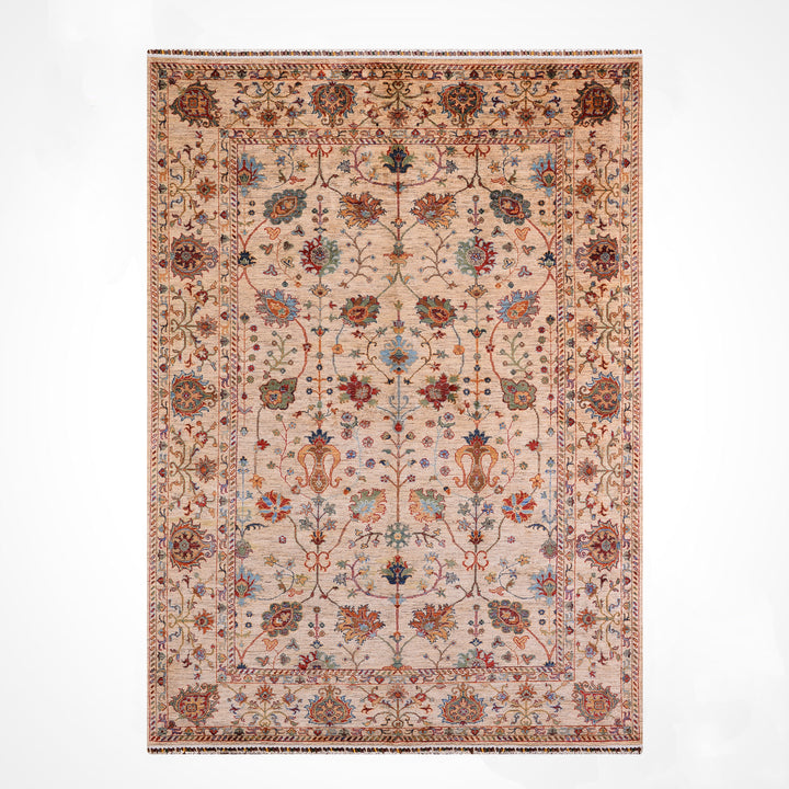 Sultani Çiçekli Orijinal El Dokuması Bej Kök Boya Yün Halı 207x289 5.98 Metrekare - 7x10 ft