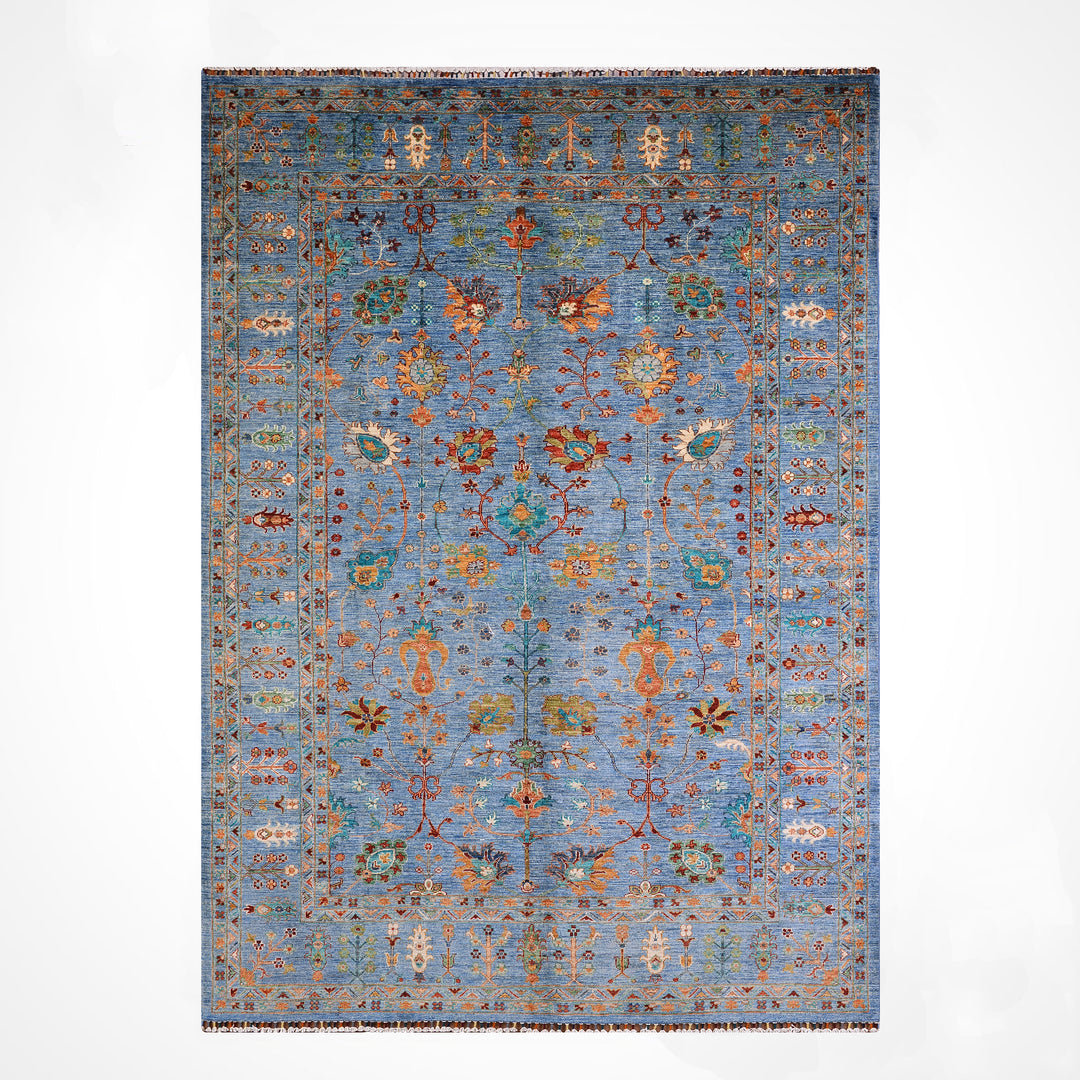 Sultani Çiçekli Orijinal El Dokuması Mavi Kök Boya Yün Halı 205x311 6.38 Metrekare - 7x10 ft