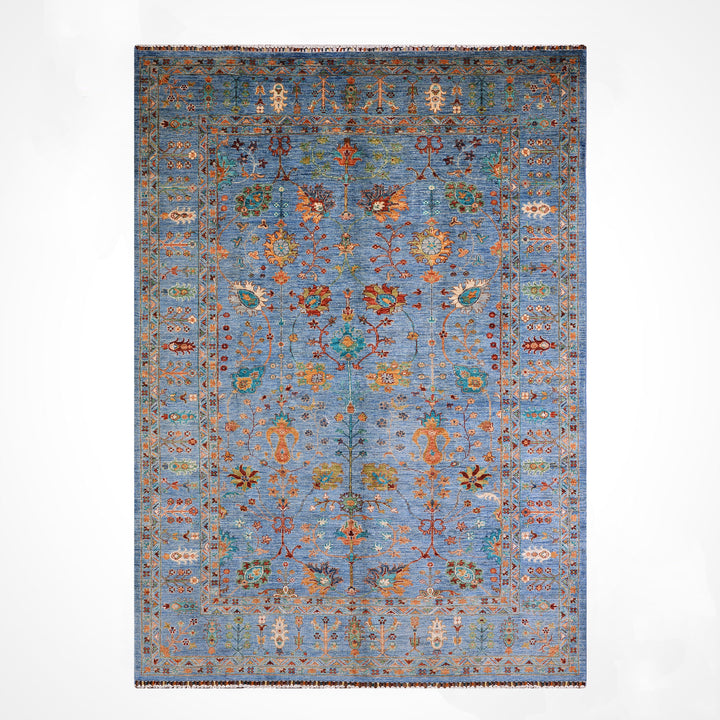 Sultani Çiçekli Orijinal El Dokuması Mavi Kök Boya Yün Halı 205x311 6.38 Metrekare - 7x10 ft