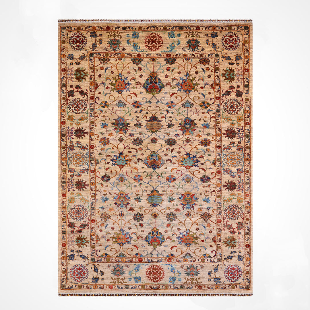 Sultani Çiçekli Orijinal El Dokuması Bej Kök Boya Yün Halı 203x312 6.33 Metrekare - 7x10 ft