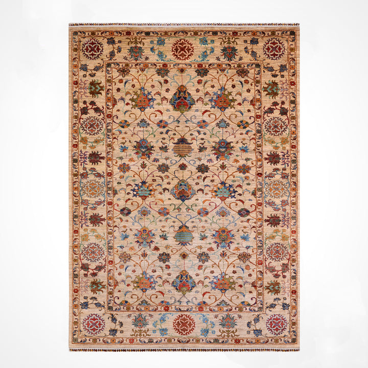 Sultani Çiçekli Orijinal El Dokuması Bej Kök Boya Yün Halı 203x312 6.33 Metrekare - 7x10 ft