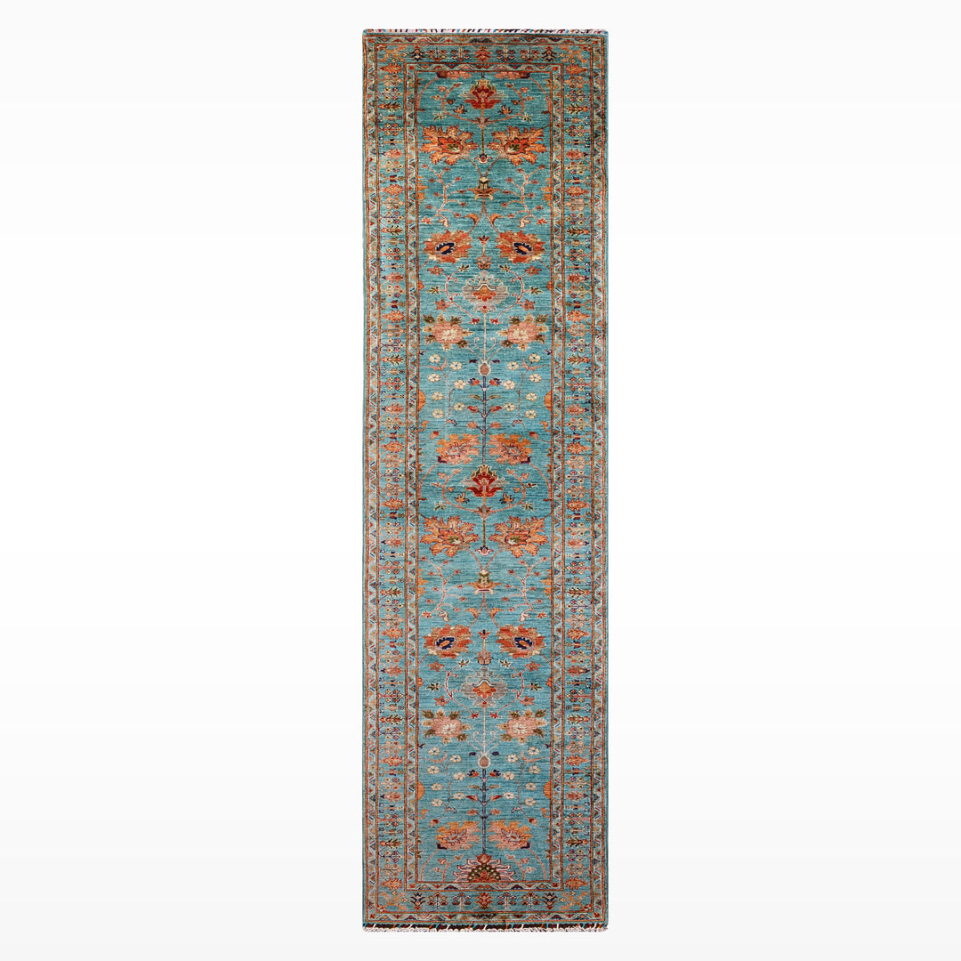 Sultani Binbirgece Uzun Yolluk Orijinal El Dokuması Turkuaz Kök Boya Yün Halı 0.77x410 3.16 Metrekare - 3x13 ft