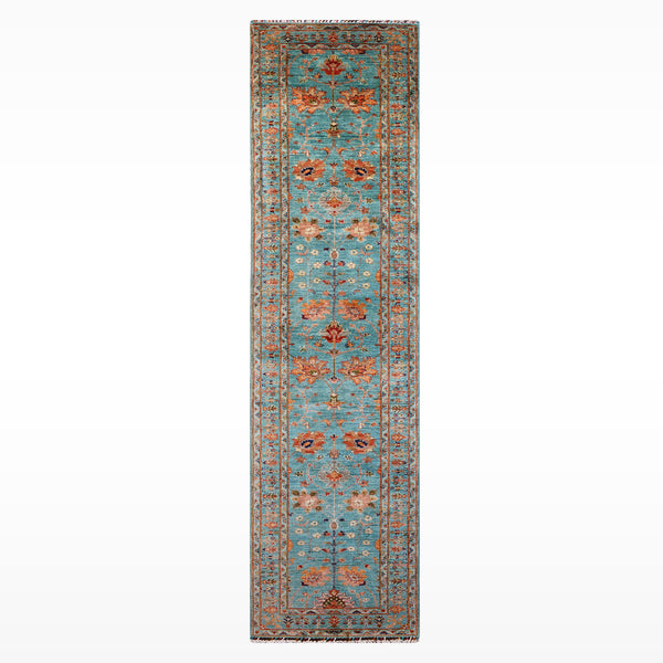 Sultani Binbirgece Uzun Yolluk Orijinal El Dokuması Turkuaz Kök Boya Yün Halı 0.77x410 3.16 Metrekare - 3x13 ft