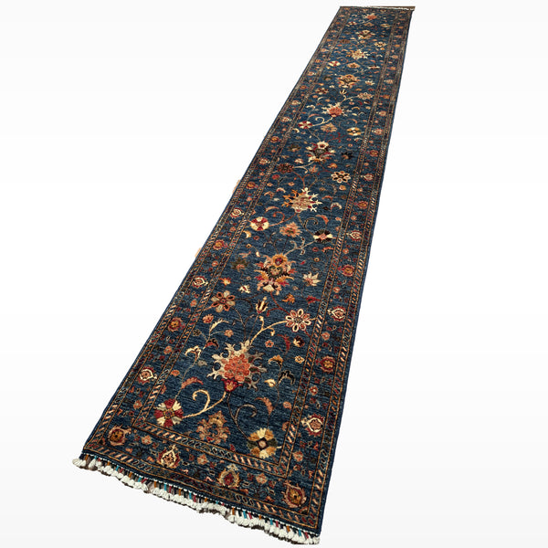 Sultani Binbirgece Uzun Yolluk Orijinal El Dokuması Lacivert Kök Boya Yün Halı 0.77x490 3.77 Metrekare - 3x16 ft