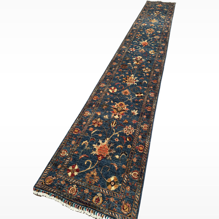 Sultani Binbirgece Uzun Yolluk Orijinal El Dokuması Lacivert Kök Boya Yün Halı 0.75x493 3.70 Metrekare - 3x16 ft
