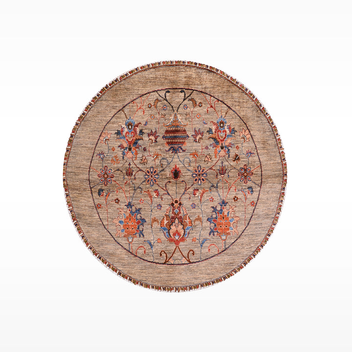 Sultani Binbirgece Yuvarlak Orijinal El Dokuması Bej Kök Boya Yün Halı 153x155 2.37 Metrekare - 5x5 ft