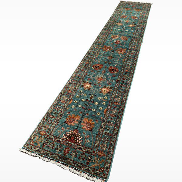 Sultani Binbirgece Uzun Yolluk Orijinal El Dokuması Turkuaz Kök Boya Yün Halı 0.77x410 3.16 Metrekare - 3x13 ft