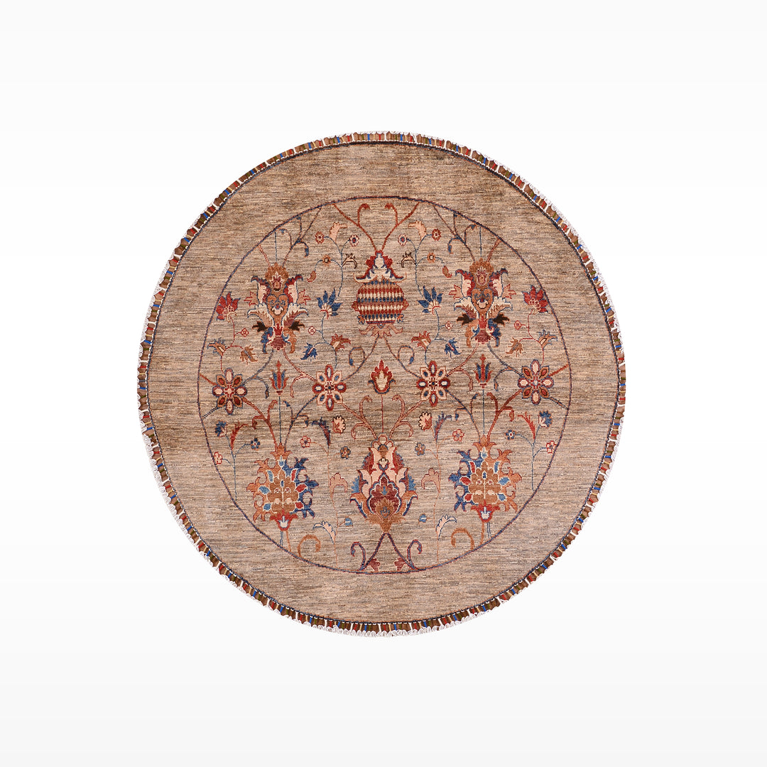 Sultani Binbirgece Yuvarlak Orijinal El Dokuması Bej Kök Boya Yün Halı 153x156 2.39 Metrekare - 5x5 ft