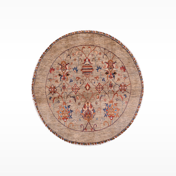 Sultani Binbirgece Yuvarlak Orijinal El Dokuması Bej Kök Boya Yün Halı 153x156 2.39 Metrekare - 5x5 ft