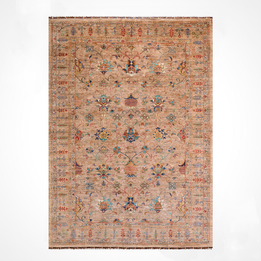 Sultani Binbirgece Orijinal El Dokuması Bej Kök Boya Yün Halı 208x296 6.16 Metrekare - 7x10 ft