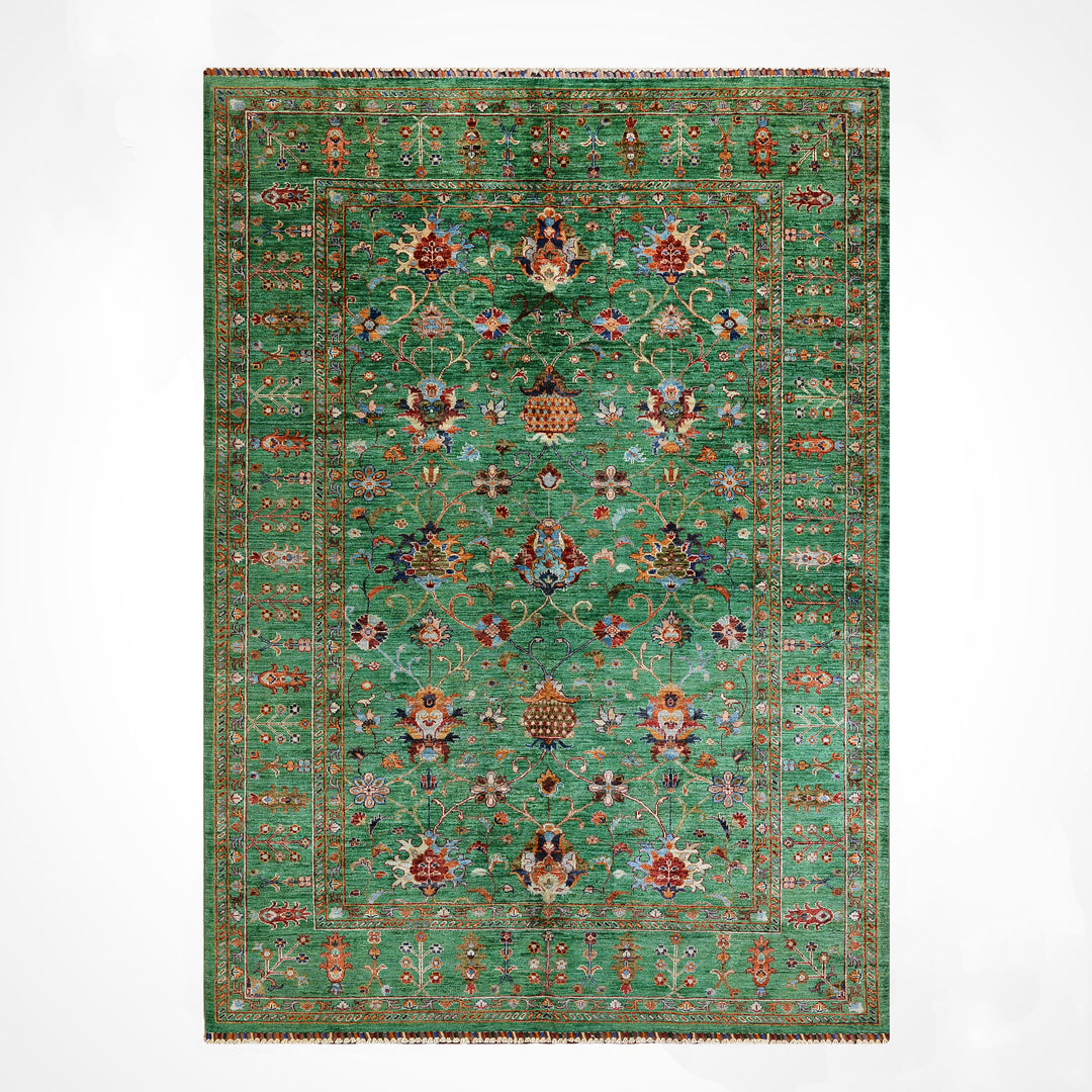 Sultani Binbirgece Orijinal El Dokuması Yeşil Kök Boya Yün Halı 202x295 5.96 Metrekare - 7x10 ft