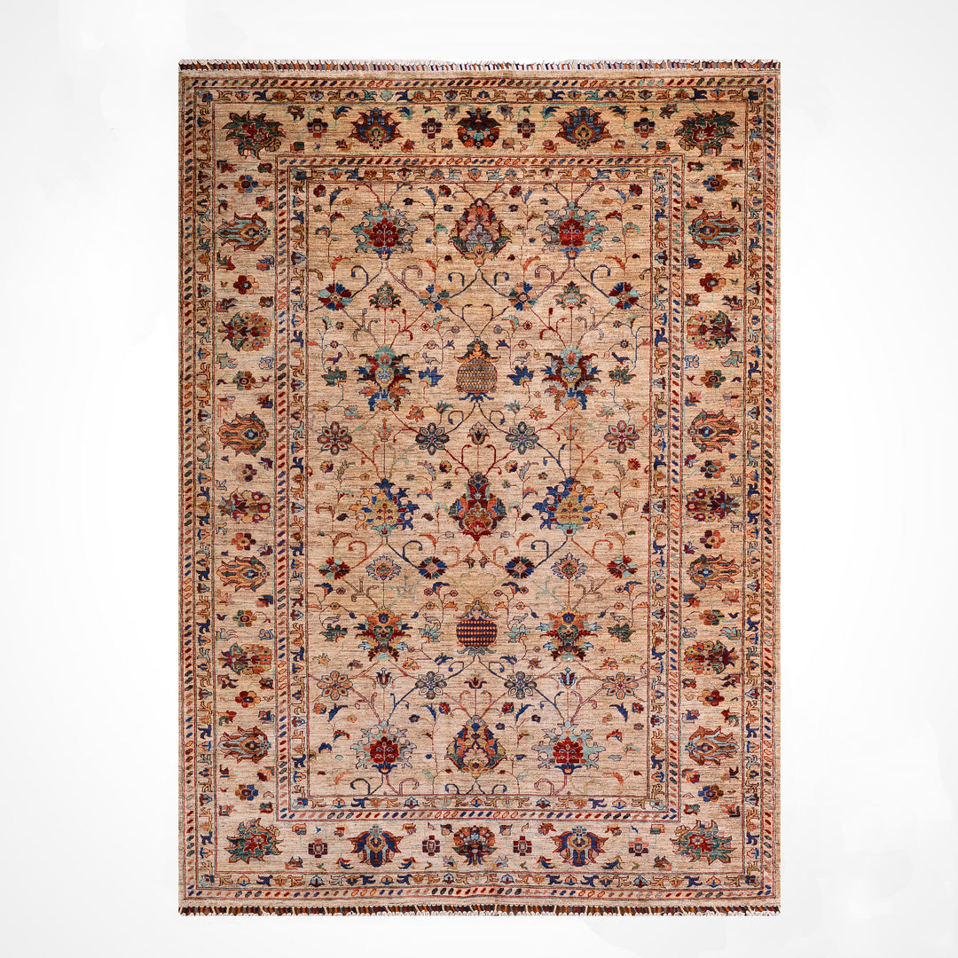 Sultani Binbirgece Orijinal El Dokuması Bej Kök Boya Yün Halı 207x300 6.21 Metrekare - 7x10 ft