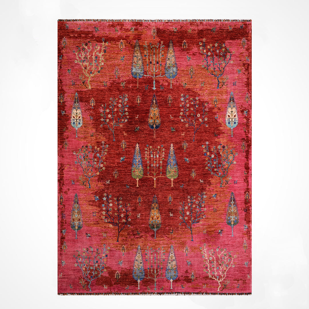 Hayat Ağacı Orijinal El Dokuması Pembe Kök Boya Yün Halı 246x298 7.33 Metrekare - 8x10 ft