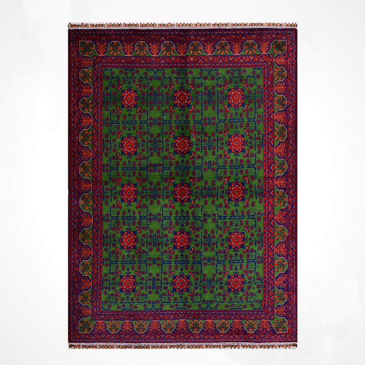 Afgan Halısı Yeşil Hamyap Orijinal El Dokuması Kök Boya Yün 147x198 2.91 Metrekare - 4x6 ft