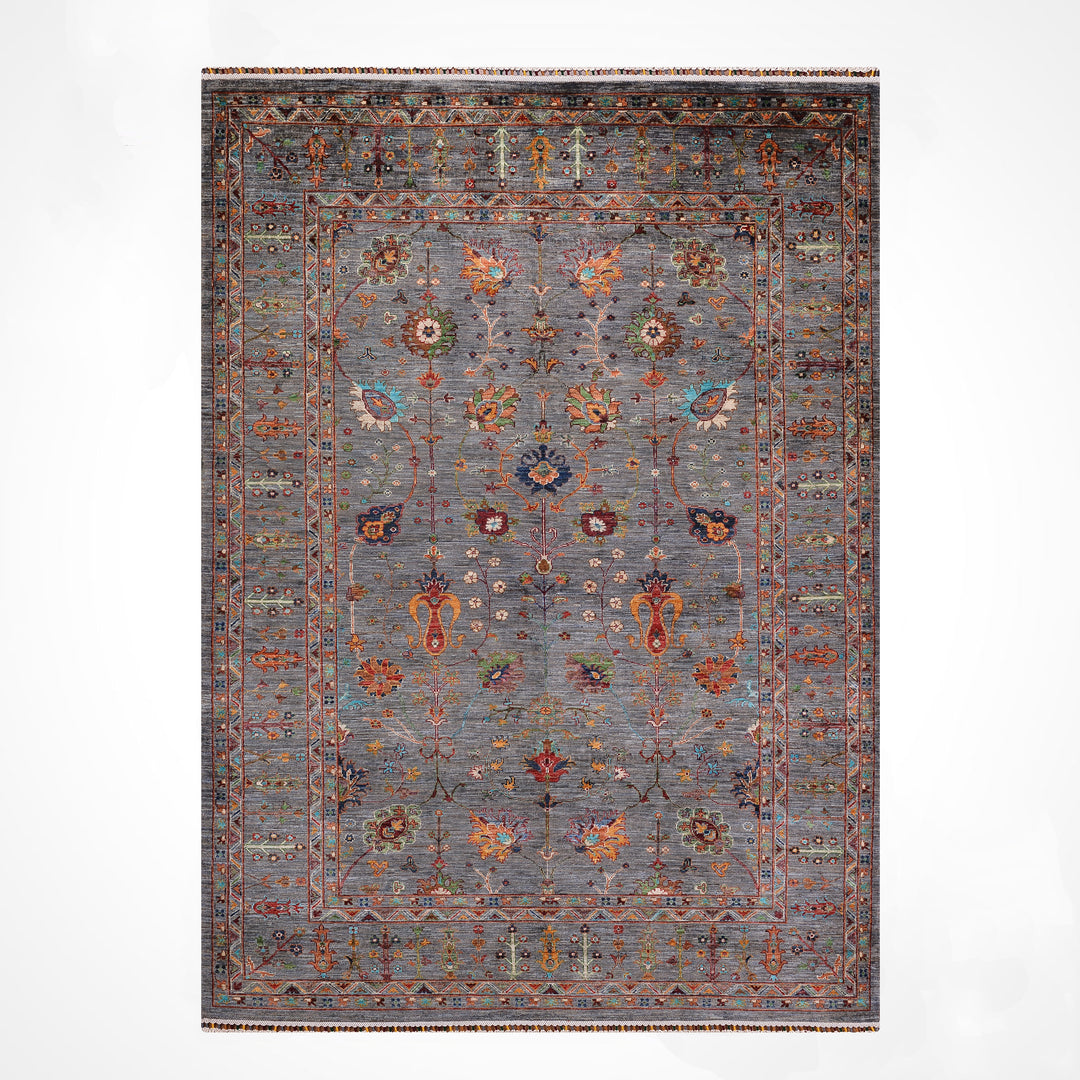 Sultani Çiçekli Orijinal El Dokuması Gri Kök Boya Yün Halı 206x294 6.06 Metrekare - 7x10 ft