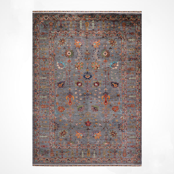 Sultani Çiçekli Orijinal El Dokuması Gri Kök Boya Yün Halı 206x294 6.06 Metrekare - 7x10 ft