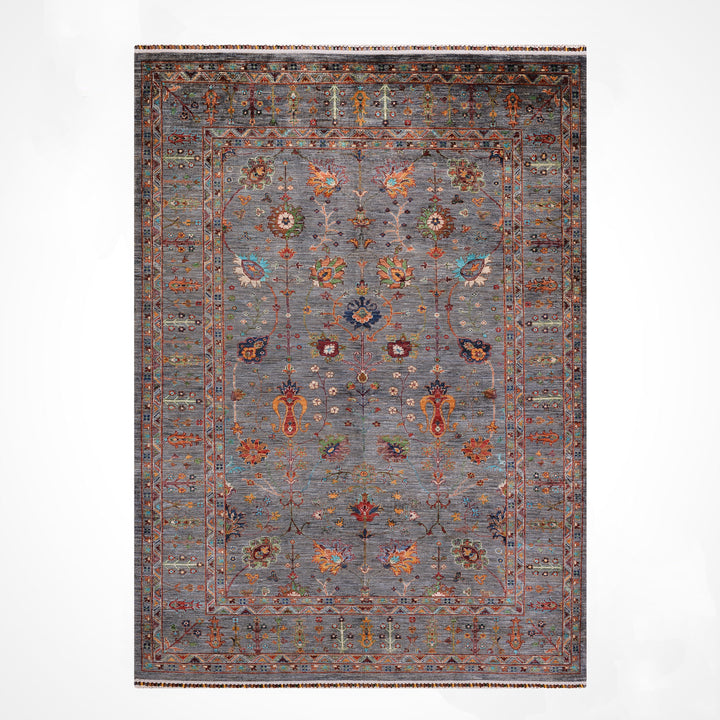 Sultani Çiçekli Orijinal El Dokuması Gri Kök Boya Yün Halı 206x294 6.06 Metrekare - 7x10 ft